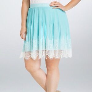 Torrid Pleated Chiffon Lace Skater Skirt Turquoise White Sz 20 Lace Lined Retro